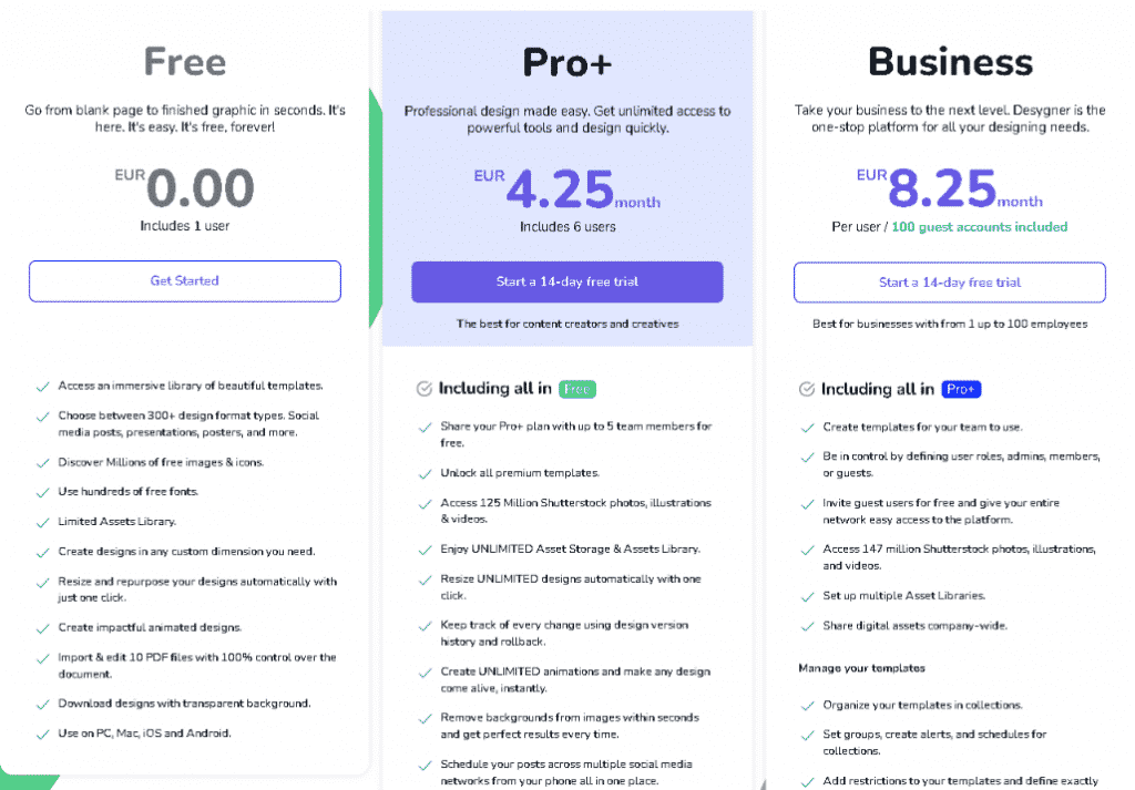 Designer tool pricing table