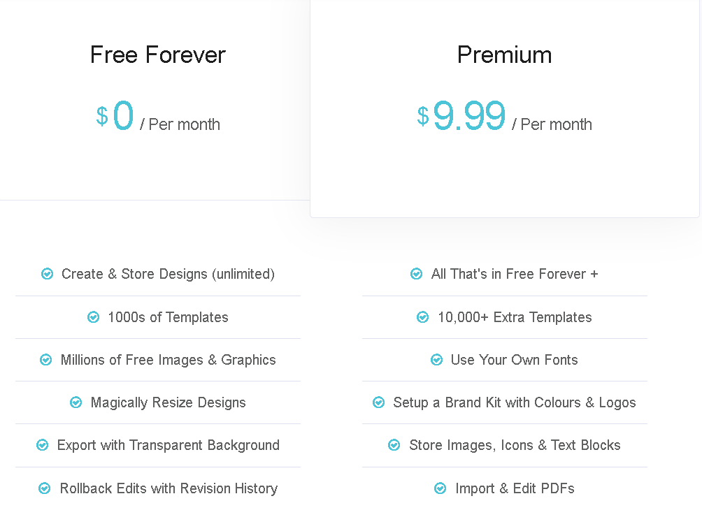 Desygner pricing table