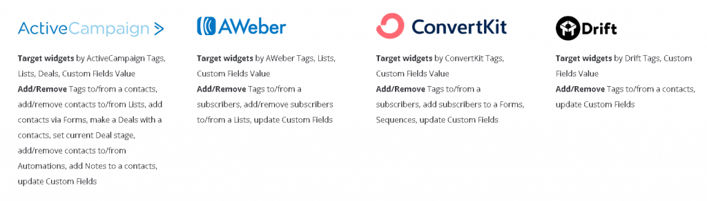 email platforms: Active Campaign, Drift, AWeber, ConvertKit,